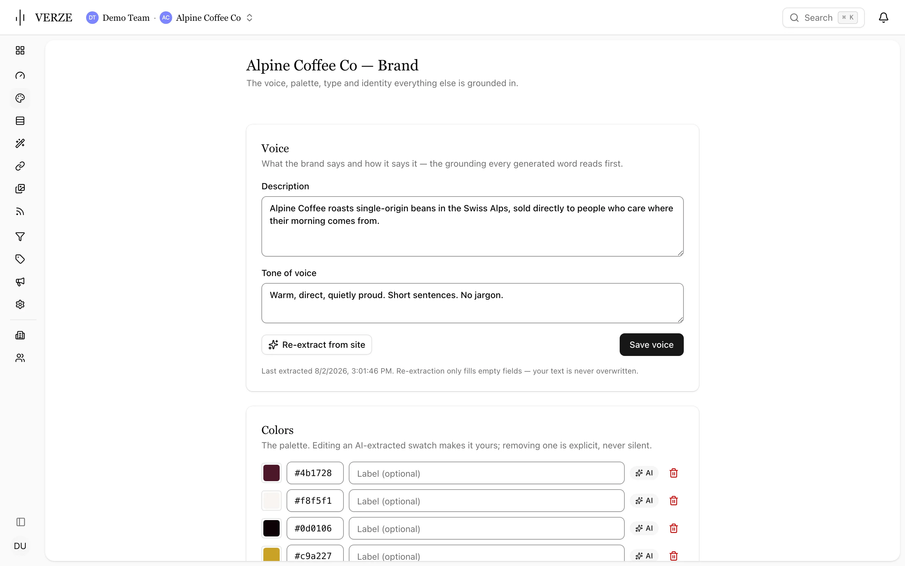The brand page of the Alpine Coffee Co demo catalog: the description and tone of voice extracted from the website with a Re-extract from site button and the colour palette below it.