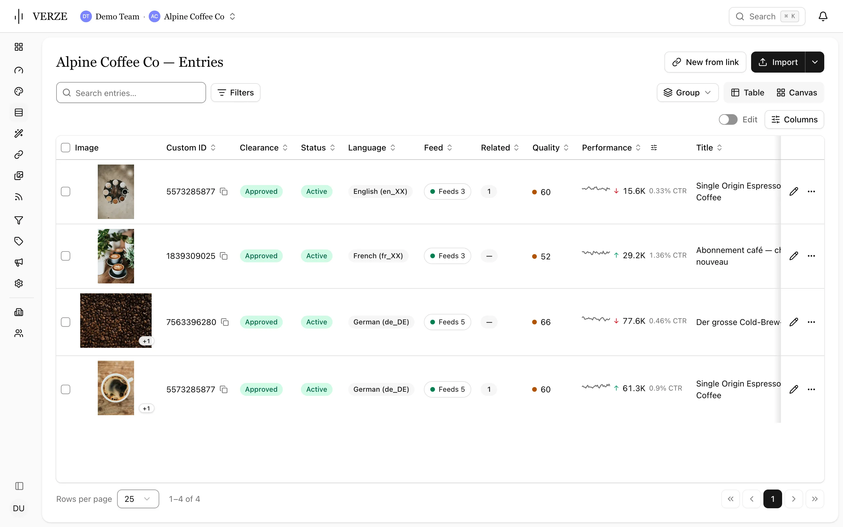 The VERZE entries table of the Alpine Coffee Co demo catalog: thumbnails, clearance, language, feeds, quality score and performance per entry.