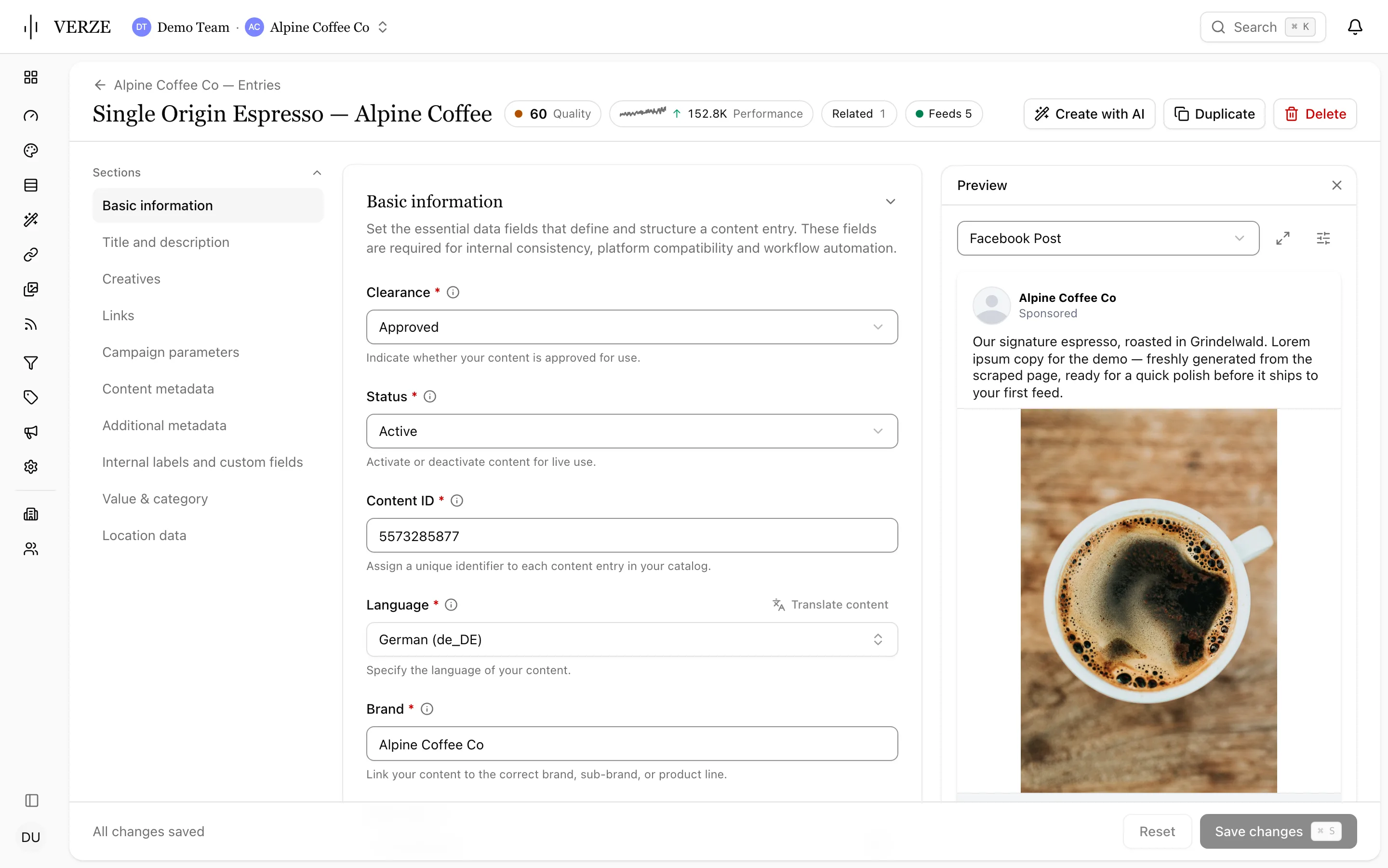 An entry in the Alpine Coffee Co demo catalog with its clearance set to Approved: the status, content ID and language fields beside a Facebook post preview.