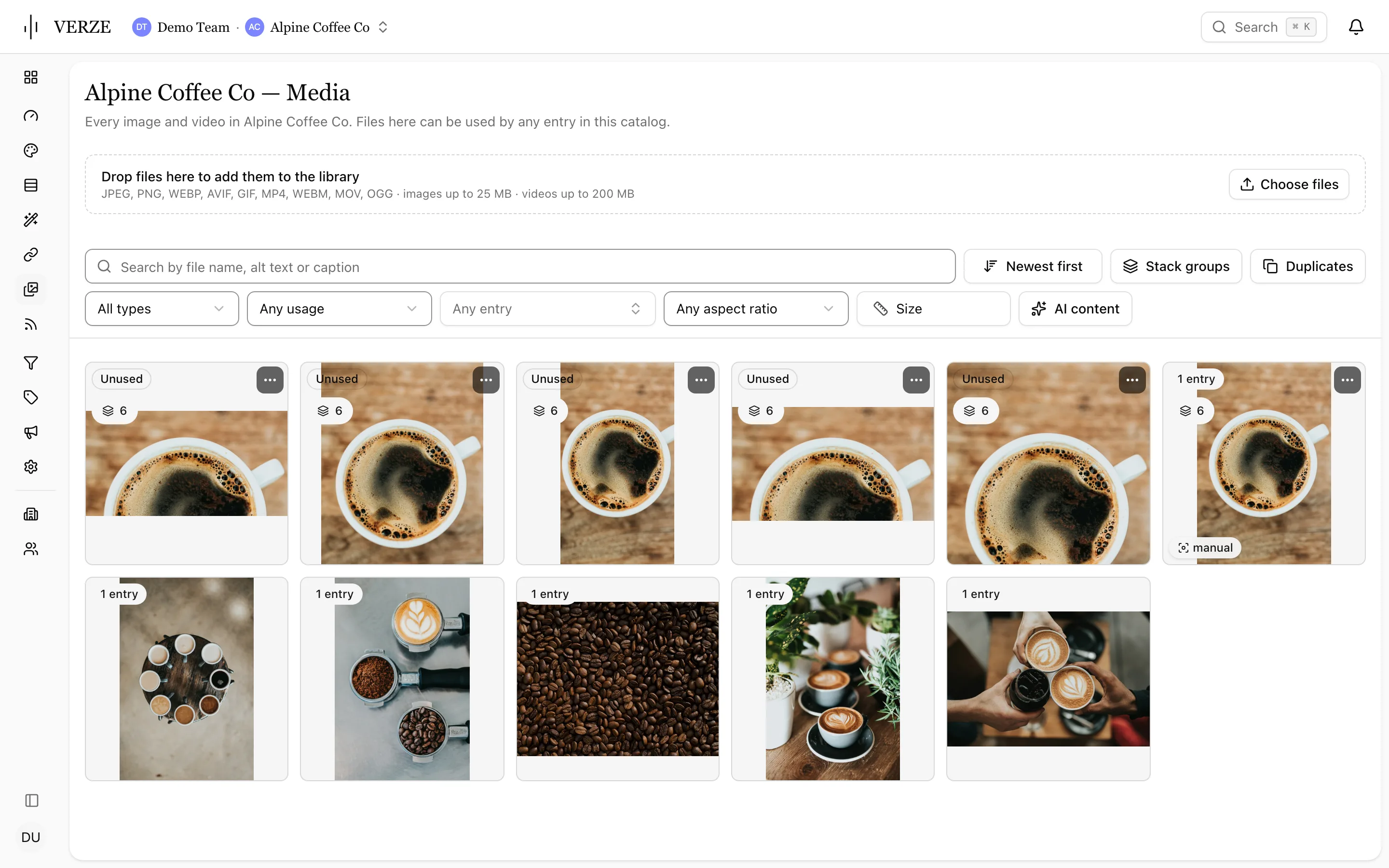 The media library of the Alpine Coffee Co demo catalog: every image and video in one place, with filters by type, usage, aspect ratio and AI content.