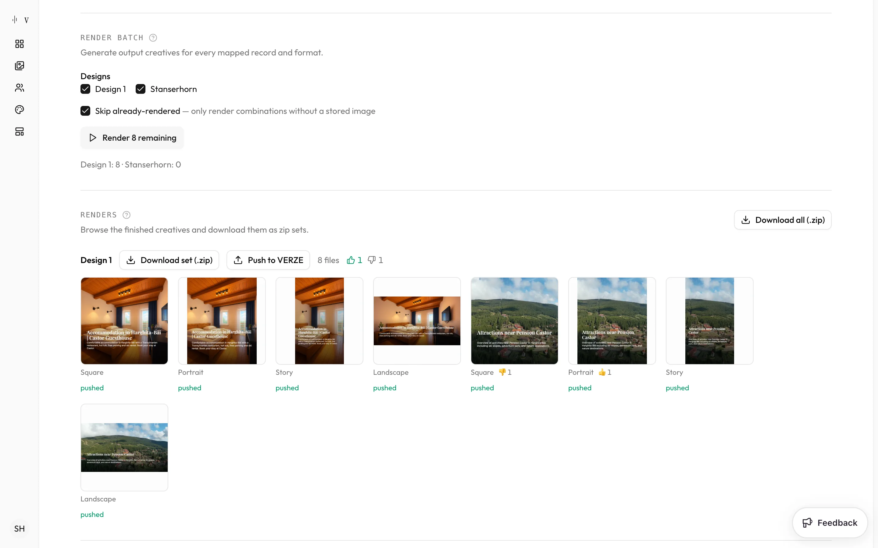 A Studio project's render batch and renders: eight finished creatives for two records as square, portrait, story and landscape files, each marked pushed, with reviewer reactions and a Push to VERZE button.
